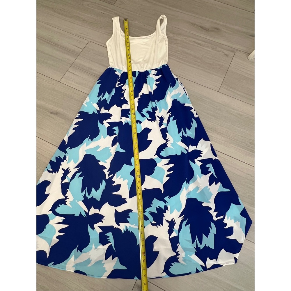 Boho Sleeveless Maxi Dress Abstract Print Blue White Sz M Coastal Nautical Flowy - Picture 6 of 6